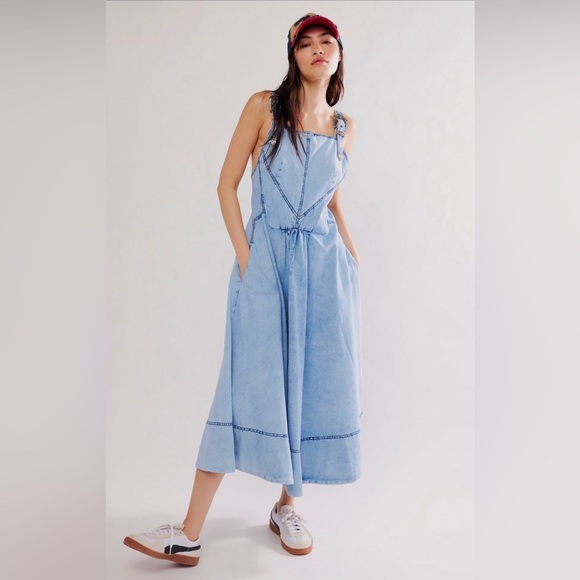 Free People Stars Align Midi Dress, Denim, Fit & Flare Dress, Blue, Size 4 - Picture 12 of 12
